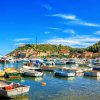 Porto con barche ormeggiate e colline coperte di vegetazione sullo sfondo.