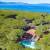 Vista aerea di una pineta vicino al mare, con una piscina tra gli alberi.
